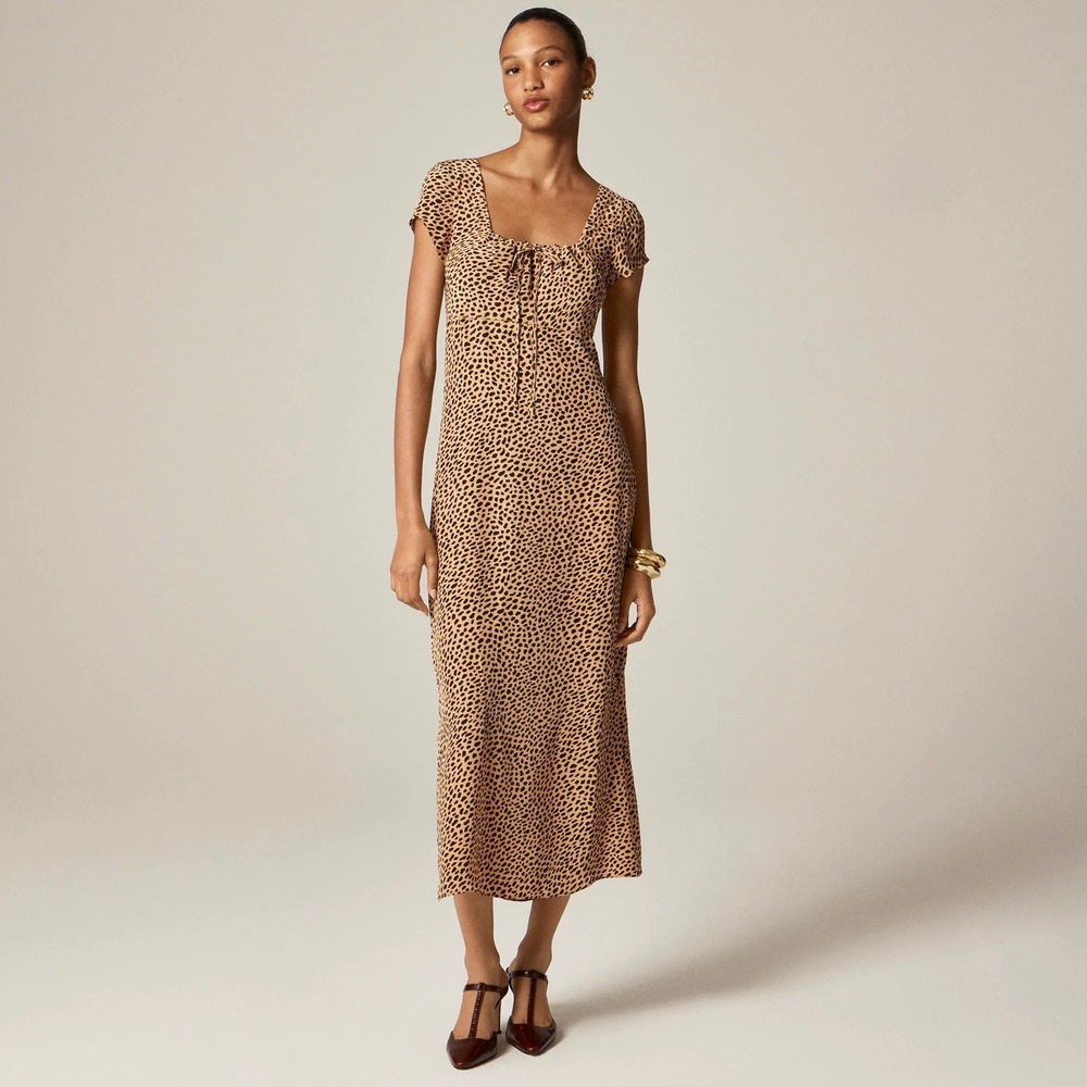 J. Crew NWT Squareneck Slip Dress 4 Leopard Print Tie Front Midi Tan Neutral
